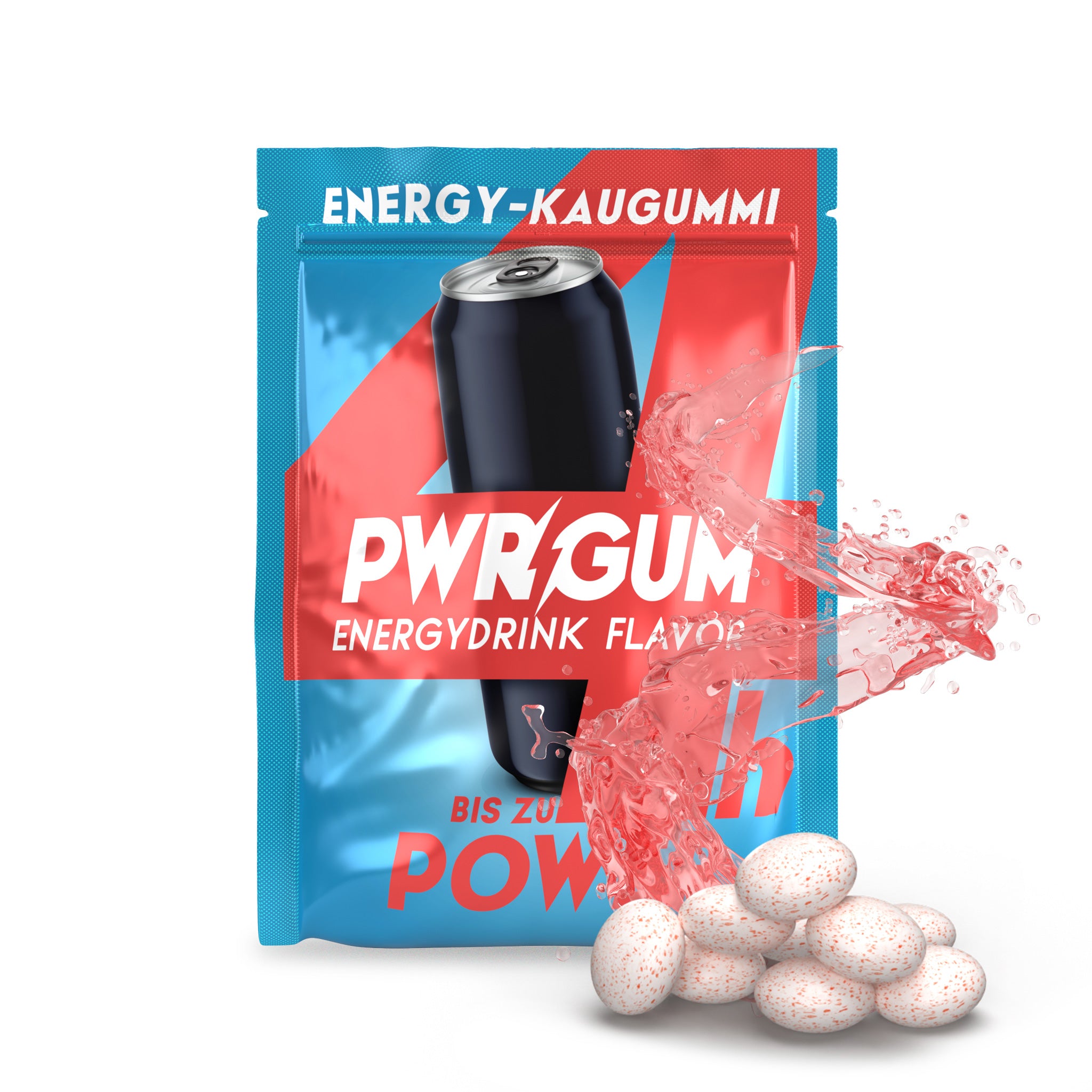 Frontansicht Verpackung PWRGUM Energy Koffein Kaugummi mit dem typischen Energydrink Geschmack